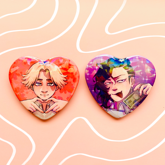 Inupi and Koko Holographic Heart Buttons